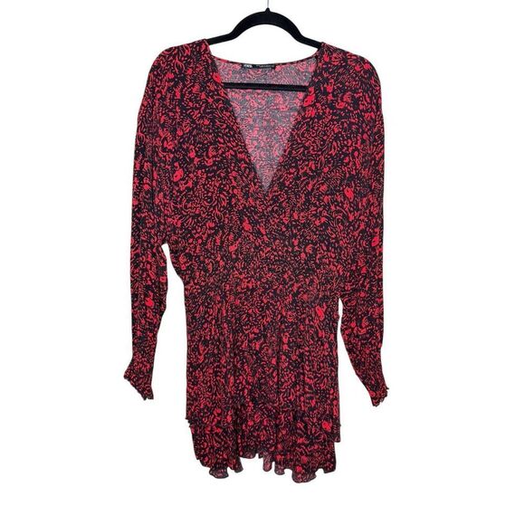 ZARA Women’s XL Red & Black Dress Ruffle Shirred Waist V-Neck Long Sleeve - Picture 1 of 6